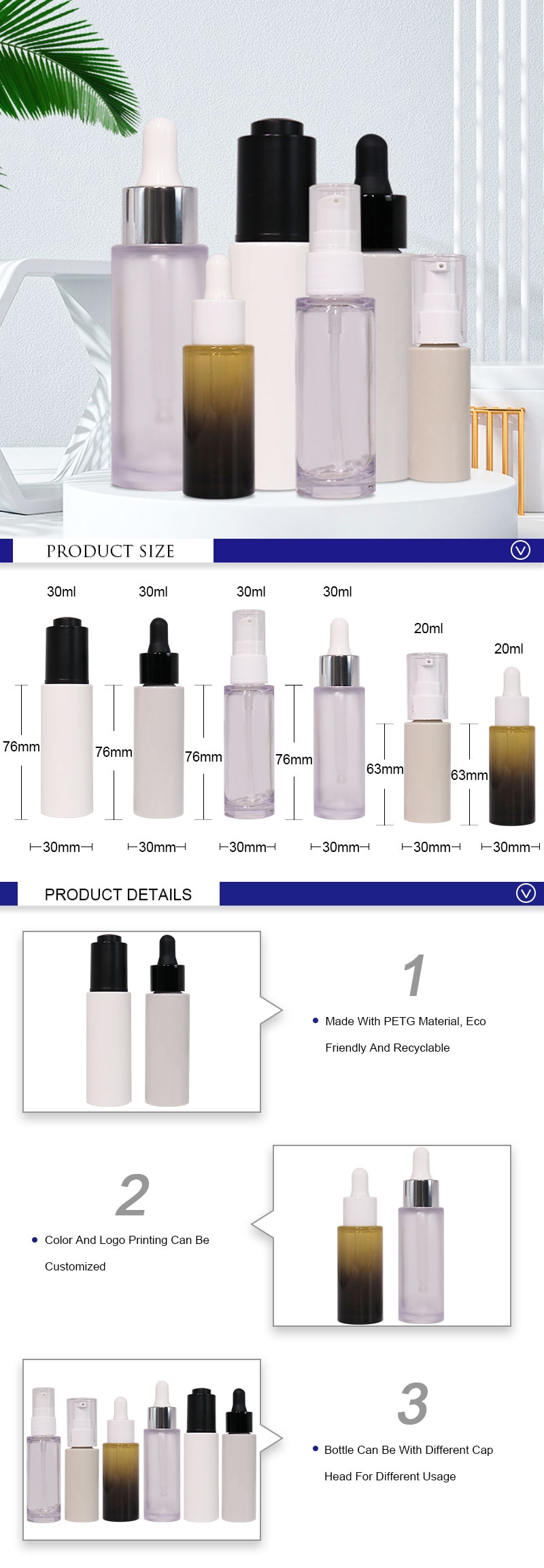 Custom 20ml 30ml Serum Bottles, 1 oz Empty Plastic Oil Dropper Bottles