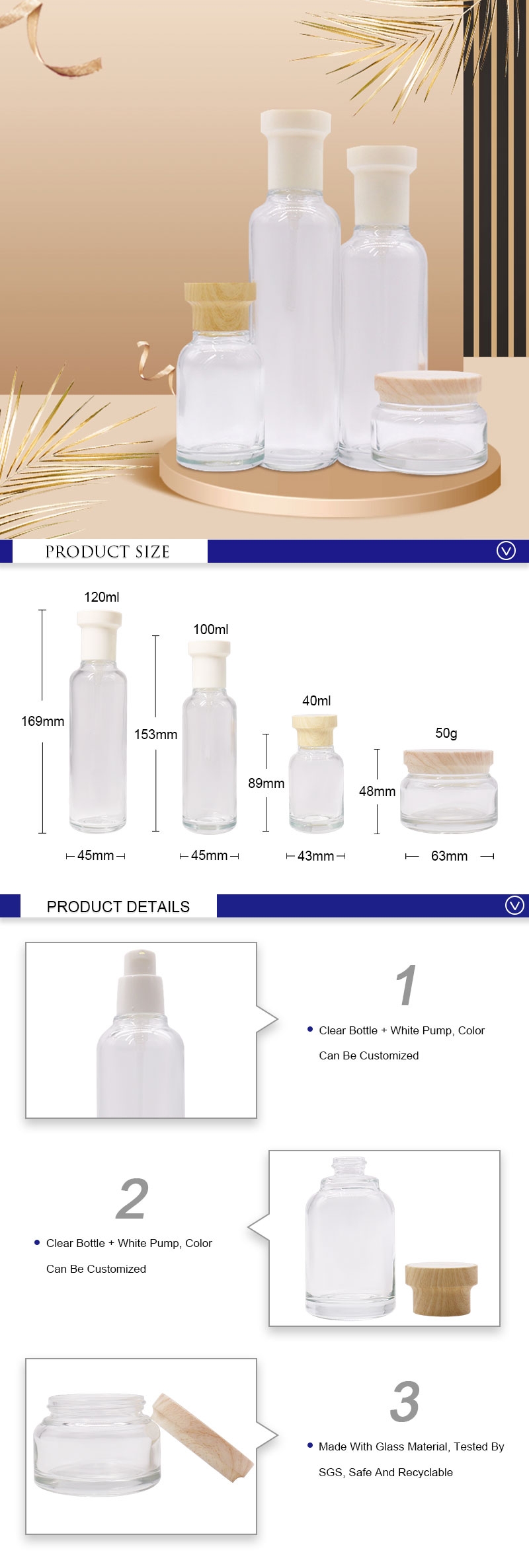 Round Glass Serum Lotion Bottles And Cream Jar With Bamboo Effect Lid