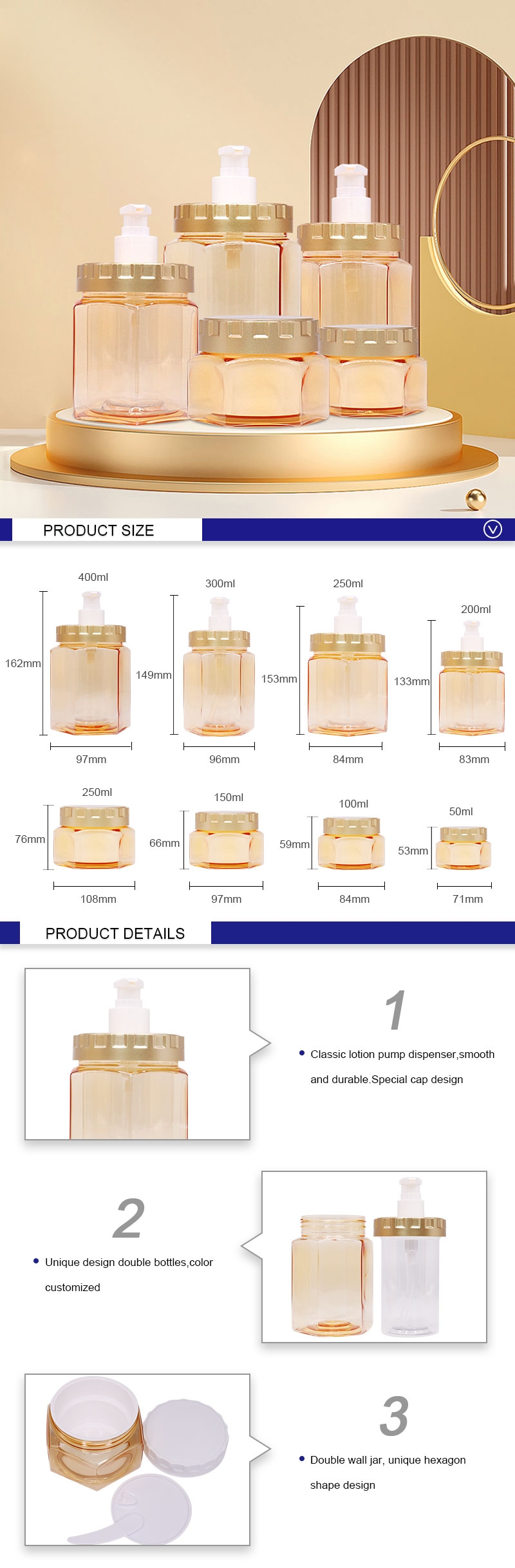 Hexagonal Double Wall Lotion Bottles, Luxury PET Shampoo Bottle