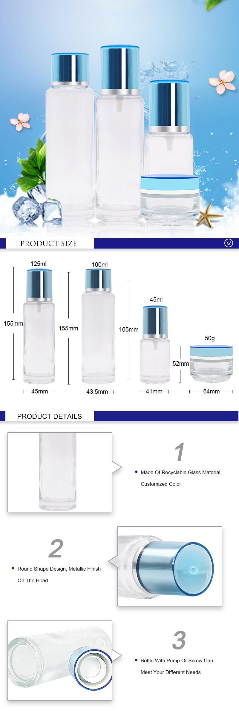 Clear Serum Lotion Pump Glass Bottle And 50Ml Luxury Glass Cream Jar