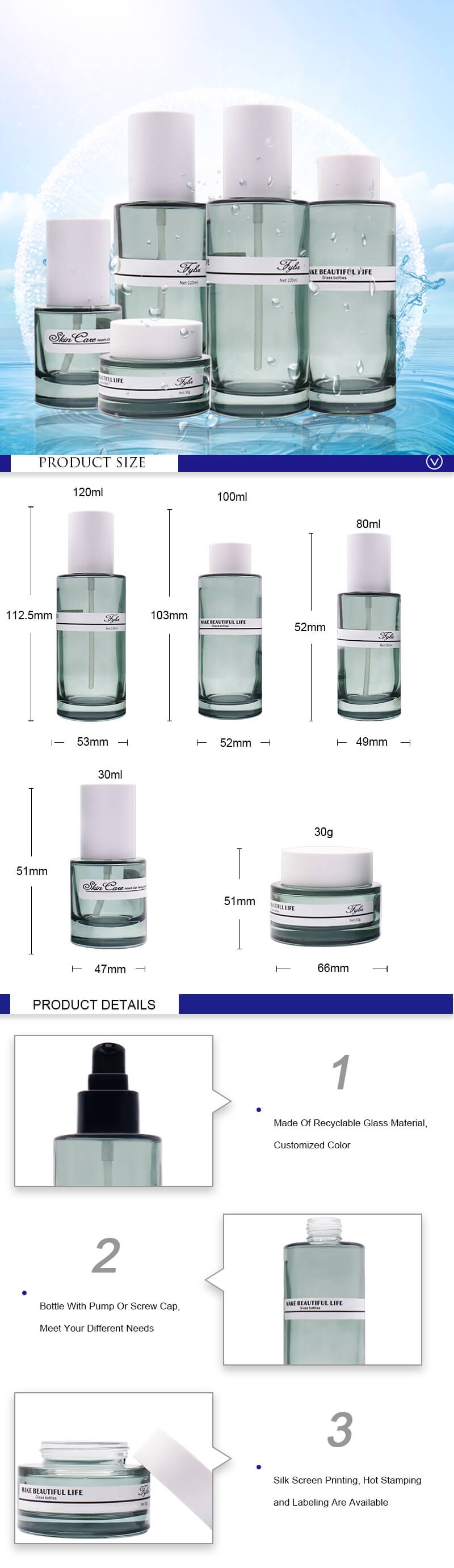 Botellas de loción cosmética de vidrio impresas personalizadas de 1 onza con bomba dispensadora