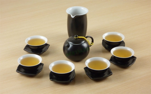 High Grade Xishi Black Glaze White Porcelain Gongfu Tea Set 14 Pcs * Free Shipping