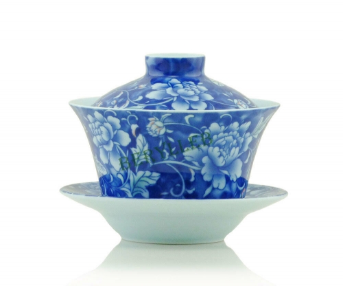 Blue Peony Fine Porcelain Gongfu Gaiwan Teacup with Lid & Saucer 200ml 6.7 fl.oz * Free Shipping