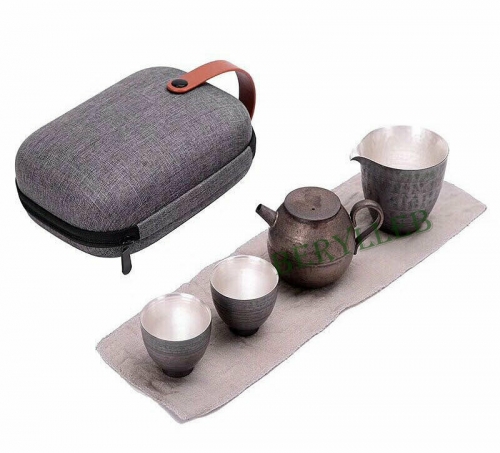 Handmade  S999 Pure Silver Ceramic Travel Gongfu Tea Set * 6 Pcs * Free Shipping