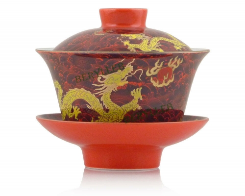 Top Grade Red Golden Dragon Porcelain Gongfu Teacup Gaiwan 200ml 6.7fl. oz * Free Shipping