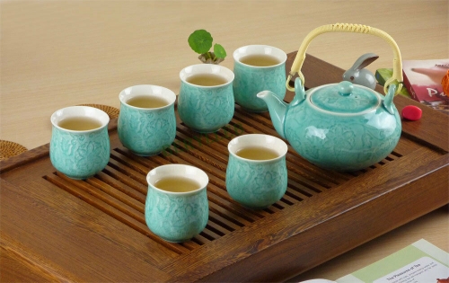 High Grade Lucky Flower Light Green Ice Cracks Porcelain Tea Set 7 Pcs * Free Shipping