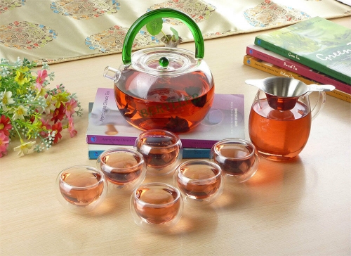 High Grade Green Handle Clear Glass Tea Set 9 Pcs * Free Shipping