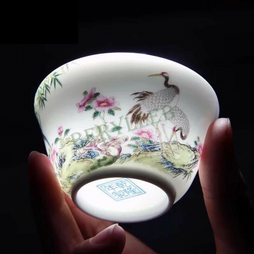 Green Bamboo Cranes* High Quality Jindezhen Enamel Porcelain Teacup 85ml * Free Shipping