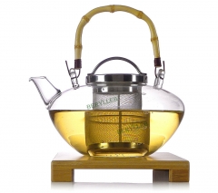 YWY High Grade Clear Glass Teapot w/t Infuser 1.2L 40.3fl.oz + Bamboo Holder * Free Shipping