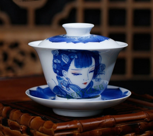 Blue-and-White Beauty * Pure Hand Painted Jingdezhen Porcelain Teacup Gaiwan * Free Shipping