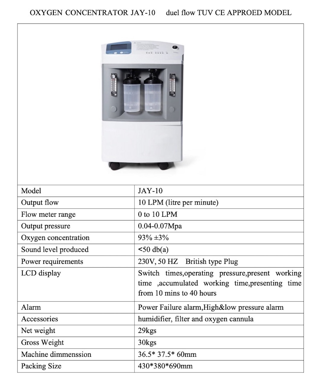 oxygen concentrator output pressure