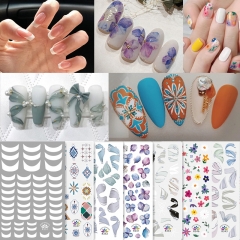 1sheet French Retro 3D Nail Art Stickers Embossed Flower Ribbon Adhesive Nail Decals Charm Manicure Decorations DIY Accessories