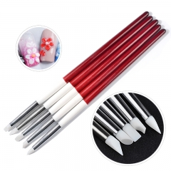 5pcs/set Silicone Nail Art Brush Red Wooden Handle UV Gel Polish Sculpture Glitter Mirror Powder Applicator Manicure Nail Tools