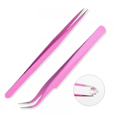 1 Pc Curved Straight Stainless Steel Tweezer Pink Nail Sticker False Eyelash Rhinestone Nipper Picker Makeup Nail Tool Set