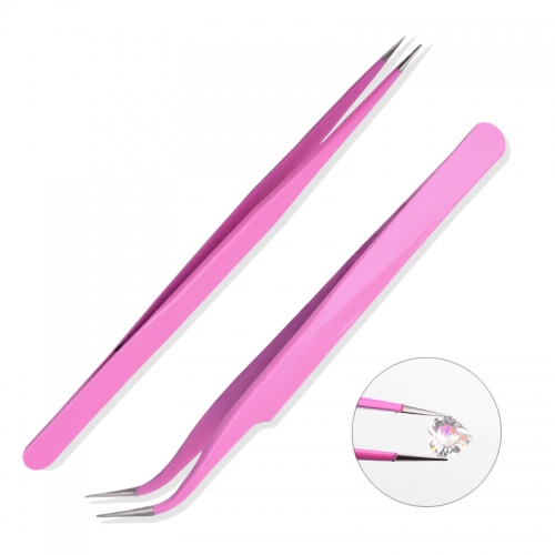 1 Pc Curved Straight Stainless Steel Tweezer Pink Nail Sticker False Eyelash Rhinestone Nipper Picker Makeup Nail Tool Set