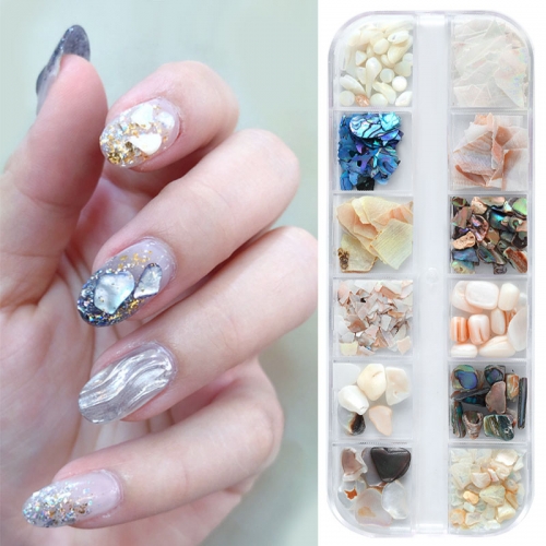 12designs/box Mixed Natural Sea-shell Abalone Slices Gradient Crushed Stone 3D Nail Art Decorations UV Gel Design Manicure Accessories