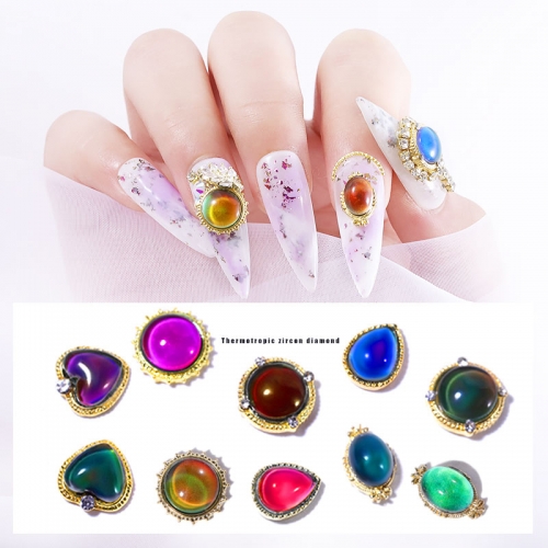 5pcs Thermochromic Alloy Nail Art Decorations Temperature Changing Diamonds Heart Round Rhinestones Jewelry Gems DIY Ornaments