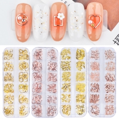 12designs/box Rose Gold Metal Nail Slices Ultrathin Metallic Flakes 3d Nail Studs Rivet For DIY Hollow Nail Art Decorations Manicure Tool