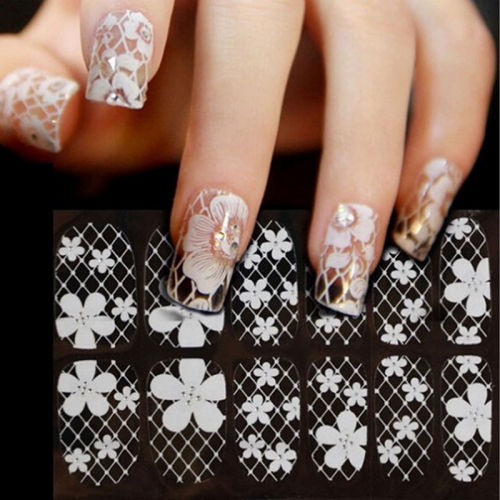 1pcs 3d White Transparent Lace Nail Rhinestone Nail Art Stickers Sexy Diamond Flower Nail Wraps Polish Decals