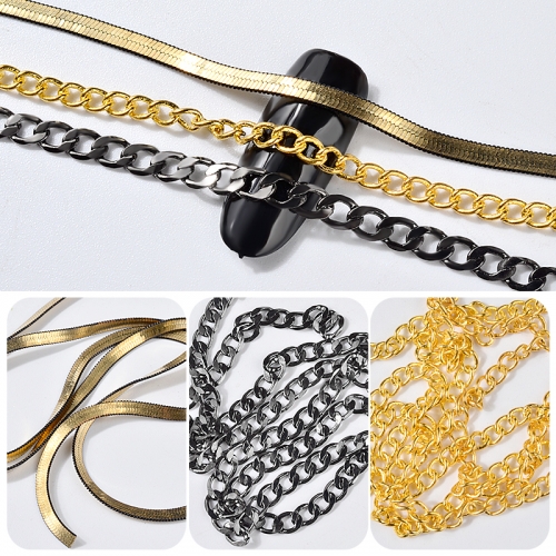 1bag Gold Black Chains Punk Snake Bones Design Metal Nail Decorations Charm 3d Nail Art DIY Manicure Nail Accessories Tools