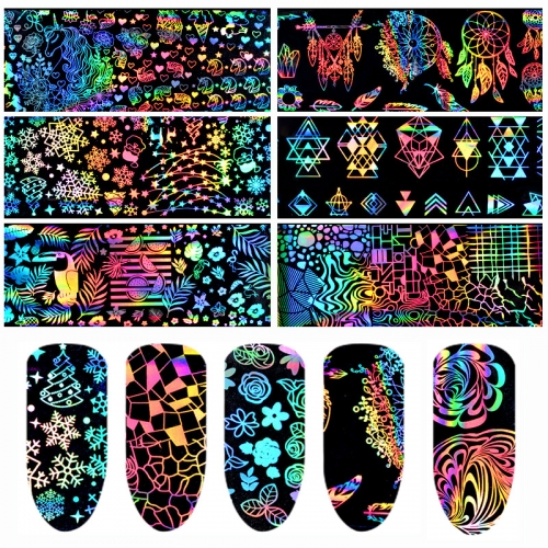 8designs/set Holographic Laser Nail Foil 4*20cm Geometric Xmas Unicorn Rose Flower Nail Art Transfer Sticker Manicure Decoration