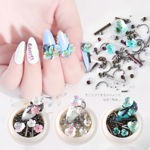 1jar Mixed Natural Shell Flowers Charm Pearls Colorful Caviar Beads Metal Nail Rivets Studs DIY 3D Nail Art Decorations