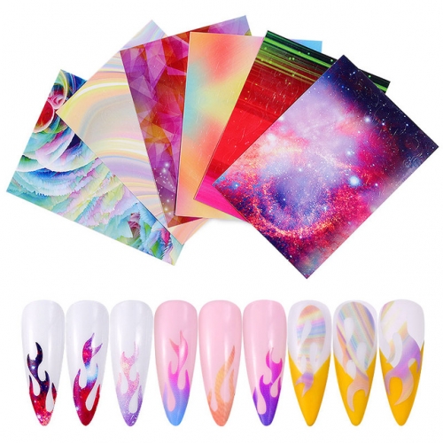 6colors/set Fire Flame Nail Stickers Holographic Hollow Stencil Stickers Sky Starry Adhesive Nail Art DecalFire Manicure Decoration