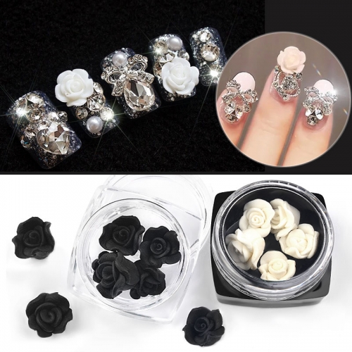 5pcs/jar Black White Rose Rhinestones Nail Art Decorations 3d Petal Emboss Sculpture Flowers Charm Beauty Manicure Accessories
