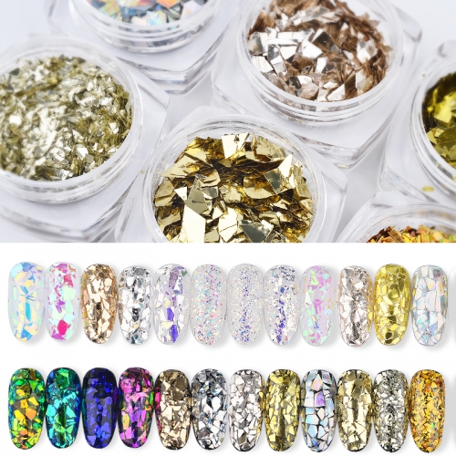6designs/set Holographic Nail Glitter Sequins Set 3D Irregular Broken Glass Nail Art Foils Flakes Aurora Colorful Manicure Decorations