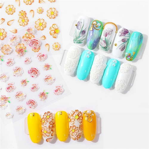 1 sheet 5D Self-Adhesive Nail Art Stickers Decals Acrylic Nail Art Transfer Decals Embossed Flower Designs Manicure Accessories