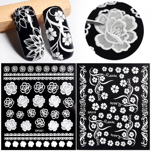 1sheet White Flowers Lace 3d Nail Stickers Decals Self Adhesive DIY Charm Design Manicure Nail Art Decorations