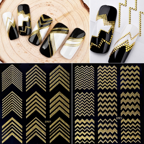 1 Sheet Gold Rivert Metal Adhesive Nail Stickers Decals Zig Zag 3D Retro Studs Styling Nail Art Decorations