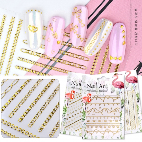 1 Sheet Gold Metal Chains Nail Stickers Mix Wave Heart Bow 3d Golden Metallic Adhesive Sticker DIY Manicure Nail Art Decorations