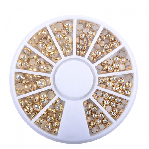 1Wheel AB Beige Color Metal Edge Glitter Nail Beads Studs DIY Beauty Charm Nail Art Pearls Decorations Wheel