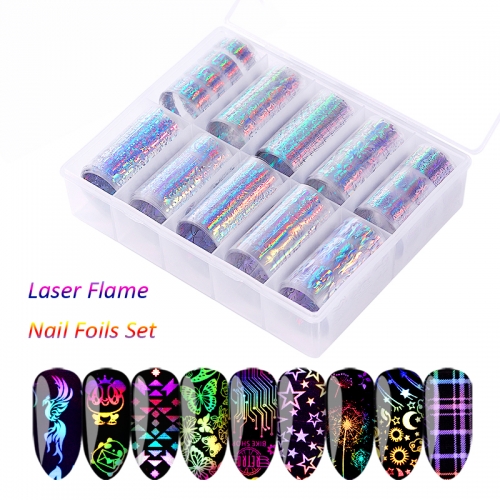 10rolls/box Holographic Nail Foil Flame Dandelion Panda Butterfly Laser Nail Transfer Stickers Aurora Nail Art Foils Decal Decoration