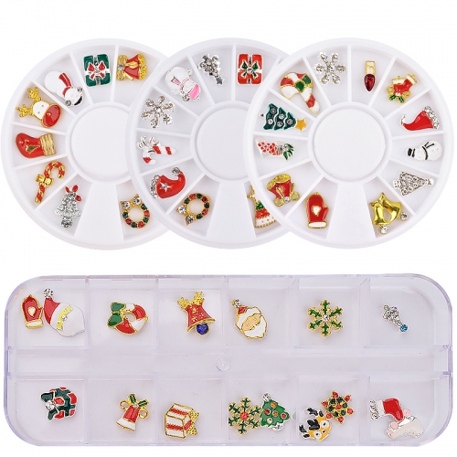 1 Box Alloy Nail Art Rhinestones Decorations Mixed Snowflakes Bells Christmas Tree Winter 3D Manicure Accessories Nail Wheels