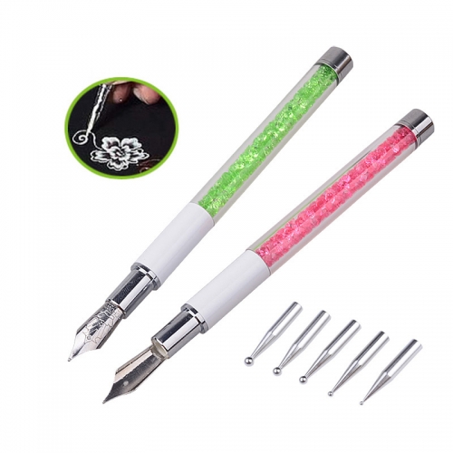 1pcs Nal Art Design Pen with 5pcs Dotting Heads Rhinestone Nail Painting Drawing Line Salon Nail Beauty Decoration Tools