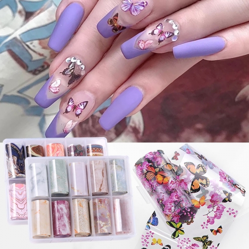 10rolls/box 3D Colorful Butterfly Nail Foils Set Gradient Marble Series Nail Art Transfer Stickers Aluminum Mesh Foil Paper Nail Accessories