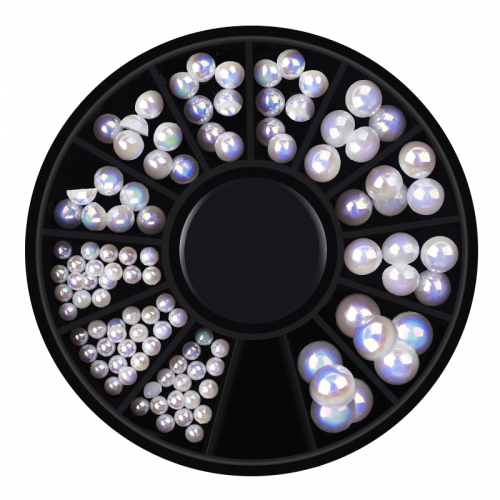 1wheel  Mix Size Pearl Mermaid Gradient Symphony AB Beads Flatback 3D Glitter Nail Art Decorations Tips DIY Charm Manicure Wheel