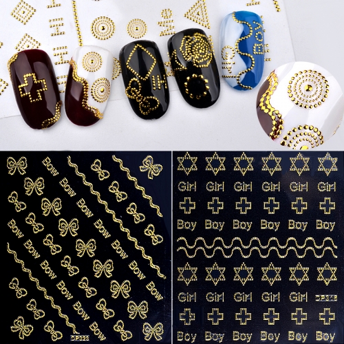 1sheet Gold 3d Metal Nail Stickers Bow Cross Flowers Designs Rivert Adhesive Nail Decals DIY Manicure Nail Supplies