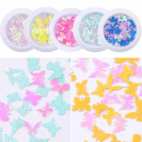 1jar Double Sided Laser Colorful Butterfly Nail Sequins 3d Holographic Wood Pulp Flakes Glitter Nail Art Decorations Manicure Designs
