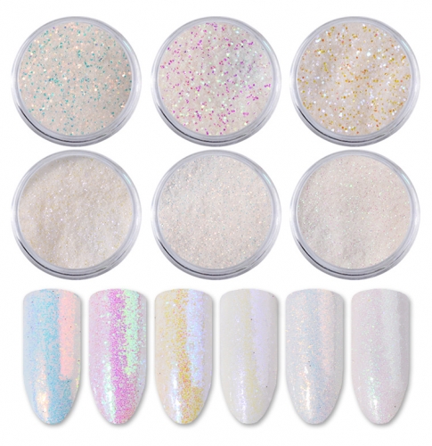 6designs/set White Holographic Aurora Nail Glitter Powder Colorful Unicorn Sequins 3d Charm Nail Art Pigment Decoration