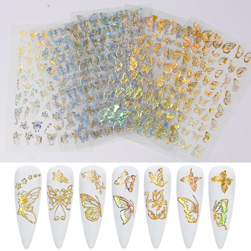 1sheet Gold Silver Nail Art Laser Butterfly Stickers Spring Summer Butterfly Metal Sticker Decals Holographic Manicure Decorations
