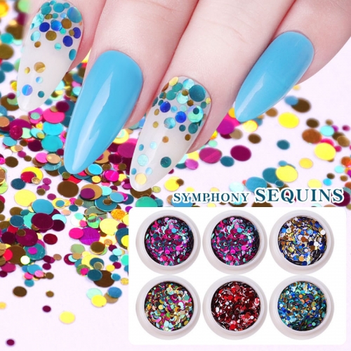6colors/set Nail Round Light Piece Colorful Wave Point Laser Round Sequins DIY Size Mixed Round Nail Patch