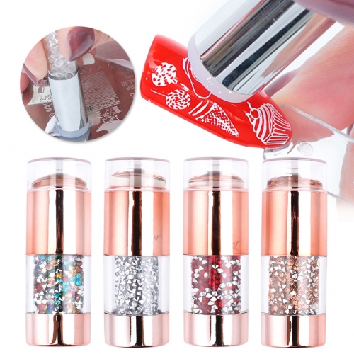 1Set Double Head Nail Stamping Plate Scraper with Cap Clear White Silicone Champagne Rhinestone Design Nail Template Tool