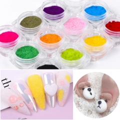 12 Colors/set Fuzzy Flocking Velvet Nail Powder Colorful Cashmere Glitter Nail Art Dust Winter UV Gel Polish Manicure Decorations