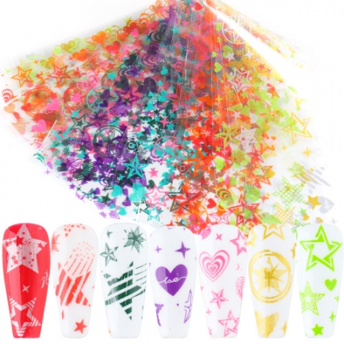 10designs/set Decorations for Nails Mix Colorful Star Heart Transfer Nail Foil Sticker Rose Floral Butterfly Valentine's Day Sticker Nail