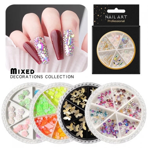1wheel Mixed Colors AB Crystal Nail Rhinestone 3d Butterfly Resin Rose Flower Ornaments Natural Shell Flakes Metal Nail Art Decorations