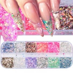12Colors/set Sparkly Shiny Nail Glitter Sequins 3D Holographic Flakes Mixed Colorful Mermaid Rhombus Paillette Nail Art
