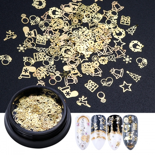 1jar 3D Gold Metal Slices Nail Art Decoration Christmas Snowflake Star Mixed Design Hollow Tiny Slice Nail Accessories